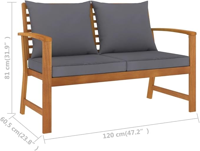 47.2 in Solid Acacia Wood Garden Bench with Dark Grey Polyester Cushions, Rustic Outdoor Seating for Patio, Porch, Balcony & Backyard, Weather-Resistant Patio Benches