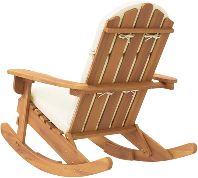 Outdoor Rocking Chair, Solid Acacia Wood Porch Rocker with Comfortable Cream White Cushions, Weather-Resistant Patio Furniture for Garden, Backyard, and Balcony
