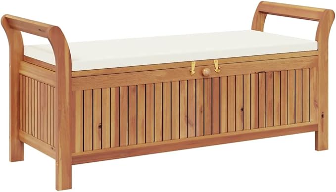 Garden Storage Bench Cream White Natural Wood Solid Acacia Outdoor Furniture with Cushion and Lid for Patio Seating and Organizing