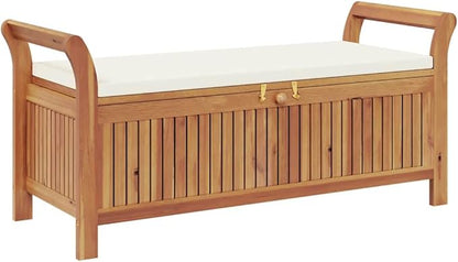Outdoor Storage Bench with Cushion, Solid Acacia Wood Garden Seating for Patio, Deck, and Backyard, 2-Seater Wooden Storage Box, Cream White