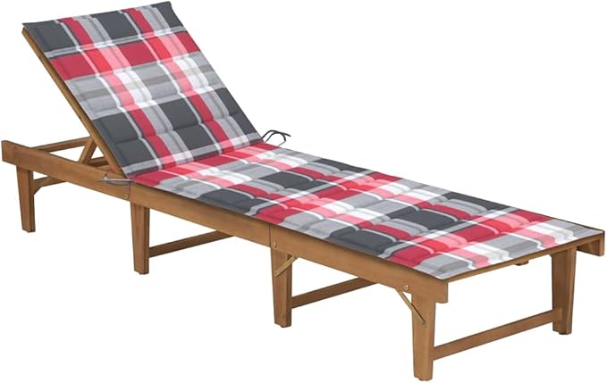 Folding Acacia Sun Lounger 78.7 inch Outdoor Chaise Lounge with Plaid Cushion, Adjustable Reclining Chair for Patio - Photo 1