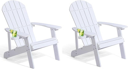 Adirondack Chairs Set of 2, All Weather Resistant Plastic Chairs with Cup Holder, 5 Easy Steps to Install, Outdoor Chairs for Patio, Garden, Backyard Deck, Lawn, Fire Pit - White