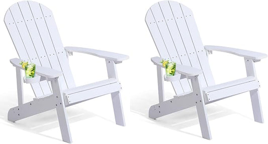 Adirondack Chairs Set of 2, All Weather Resistant Plastic Chairs with Cup Holder, 5 Easy Steps to Install, Outdoor Chairs for Patio, Garden, Backyard Deck, Lawn, Fire Pit - White