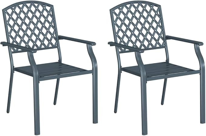 Stackable Garden Chairs 2 Pack, Steel Outdoor Patio with Armrests, Anthracite Modern Dining Chairs for Terrace, Balcony, Backyard, Heavy Duty 242 lb Capacity, Easy Assembly & Space Saving