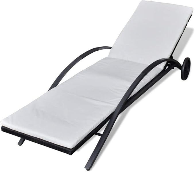 Sun Lounger with Cushion & Wheels Poly Rattan Black,Outdoor Chaise Lounge Chair for Beach, Sunbathing, Patio, Pool, Lawn, Deck, Lay Flat Portable Lightweight