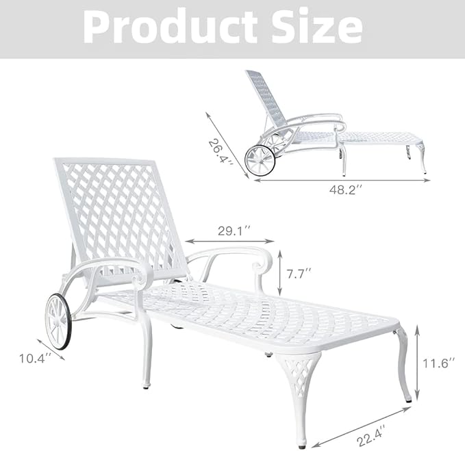 Chaise Outdoor Aluminum Lounge Chair with Wheels, 3-Position Adjustable Recliner Furniture Set for Poolside, Backyard and Patio (1pc, White)