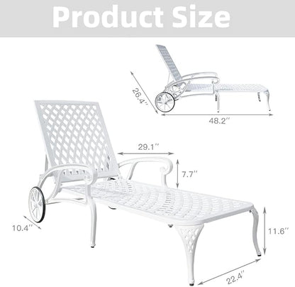 Chaise Outdoor Aluminum Lounge Chair with Wheels, 3-Position Adjustable Recliner Furniture Set for Poolside, Backyard and Patio (1pc, White)