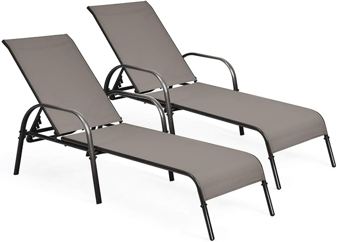 COSTWAY Outdoor Lounge Chairs Set of 2, Patio Chaise Lounge Recliner with Heavy Duty Steel Frame, 5-Position Adjustable Backrest for Deck, Beach, Pool (2, Brown)