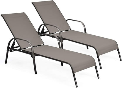 COSTWAY Outdoor Lounge Chairs Set of 2, Patio Chaise Lounge Recliner with Heavy Duty Steel Frame, 5-Position Adjustable Backrest for Deck, Beach, Pool (2, Brown)