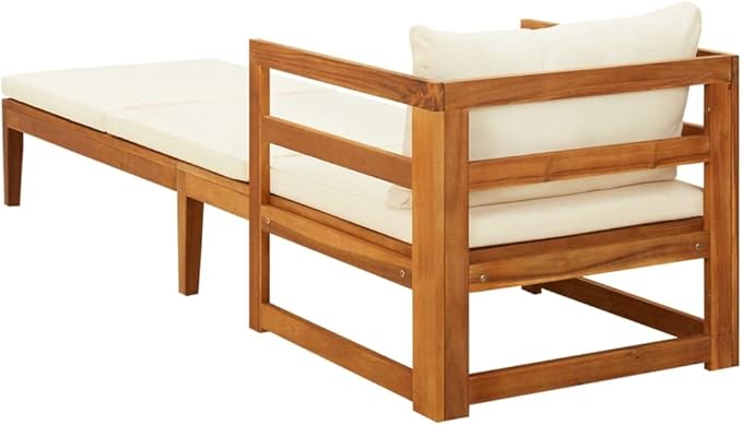 Sun Lounger with Cream White Cushions, Lounge Chair Wooden, Sun Chair, Long Chairs for Outside, Pool Chaise Lounge Chair - Photo 6