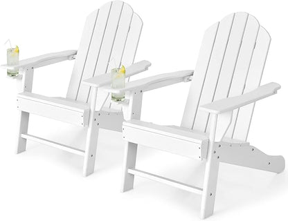Tangkula Adirondack Chair Outdoor, Fade Resistant HDPE Armchairs with Cup Holder, Weather Resistant Lounger Chairs for Patio Garden Backyard Deck, Lawn Porch Seating, Adirondack Lounger (1, White)