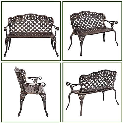 42.5inch Bronze Outdoor Garden Bench Chair Patio Benches Patio Seating Porch Bench Chair with Cast Aluminum Rose Style Loveseat Outdoor Furniture for Park Lawn Front Front Porch 108 x 60 x 83cm
