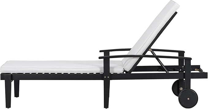 Christopher Knight Home Outdoor Chaise Lounge, Acacia Wood Adjustable Chaise Lounge, 5-Position Backrest Recliner, Soft Cushion Lounge, Flat Tanning Chair with wheel for Backyard, Balcony, Black White