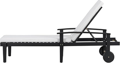 Christopher Knight Home Outdoor Chaise Lounge, Acacia Wood Adjustable Chaise Lounge, 5-Position Backrest Recliner, Soft Cushion Lounge, Flat Tanning Chair with wheel for Backyard, Balcony, Black White