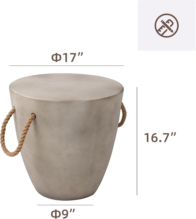 HOMPUS Concrete Outdoor Side Table Sets of, 2 Pieces Drum Accent Light Gray Modern End Table, Round Coffee Table with Rope Handle Garden Stool Decor for Garden, Indoor, Living Room