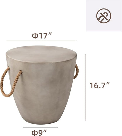 HOMPUS Concrete Outdoor Side Table Sets of, 2 Pieces Drum Accent Light Gray Modern End Table, Round Coffee Table with Rope Handle Garden Stool Decor for Garden, Indoor, Living Room