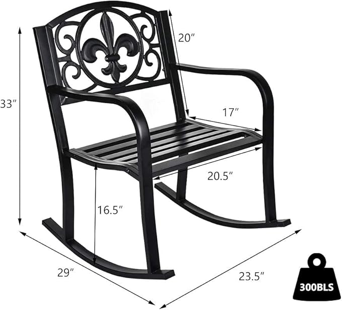 Grepatio Outdoor Patio Rocking Chair, Wrought Cast Iron Furniture Chair Metal Rocking Seat Chairs for for Deck, Backyard or Garden w/Scroll Design (Black)