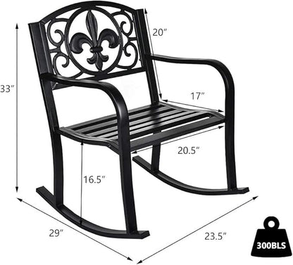 Grepatio Outdoor Patio Rocking Chair, Wrought Cast Iron Furniture Chair Metal Rocking Seat Chairs for for Deck, Backyard or Garden w/Scroll Design (Black)