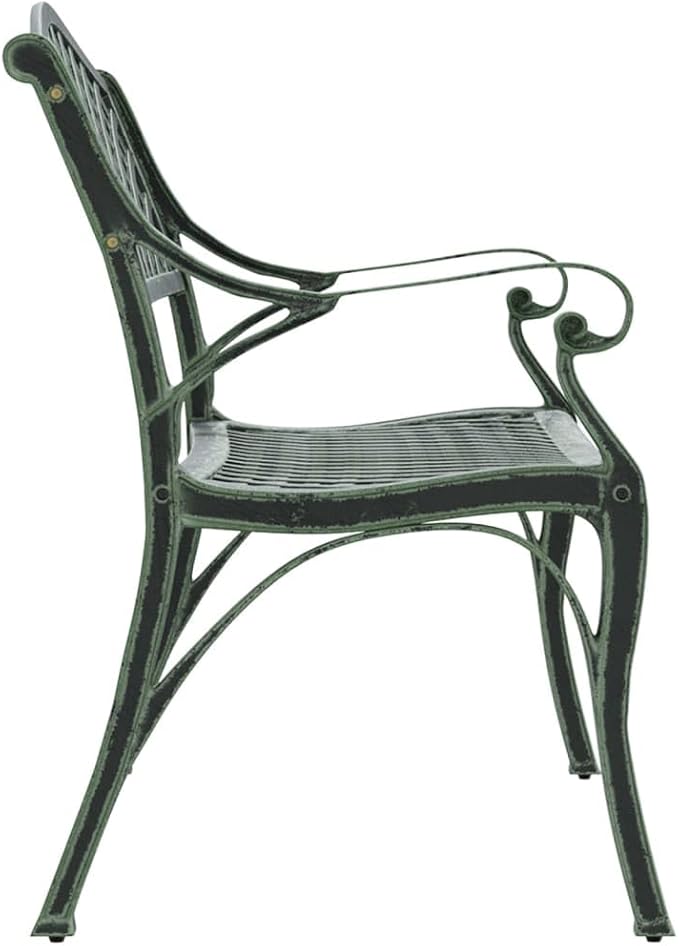 Vintage Cast Aluminum Garden Bench with Floral Design, Durable Outdoor Seating for Patio, Balcony, or Yard, Comfortable Two-Person Metal Bench in Green Finish