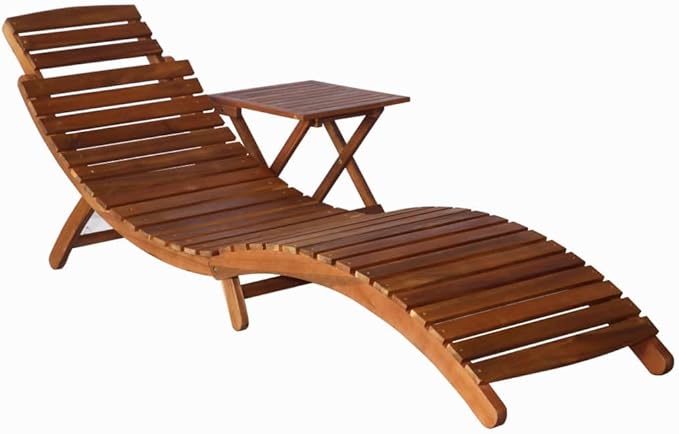 Foldable Sun Lounger with Side Table, Solid Acacia Wood Outdoor Chaise Lounge for Patio Garden Poolside - Photo 1
