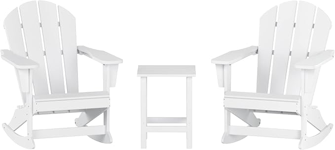 WO WESTIN OUTDOOR HDPE Laguna Outdoor Rocking Poly Adirondack Chair with Side Table 3-Piece Set, White