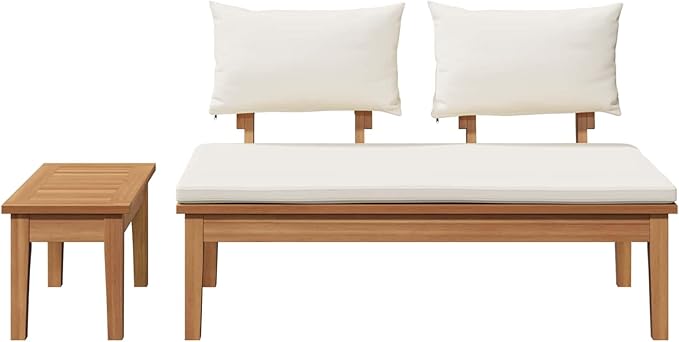 Garden Bench Set 2 pcs Cream and Brown Solid Teak Wood Modern Rectangular Design for Garden and Patio Use