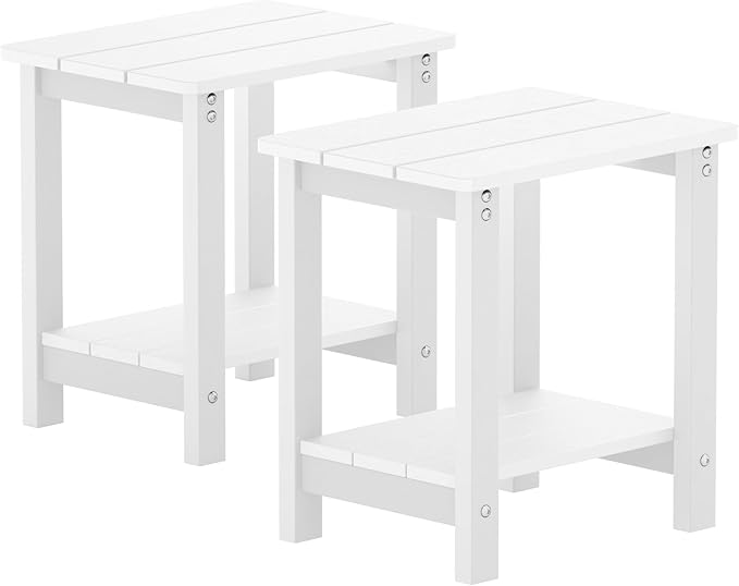 MXIMU Outdoor Side Table for Patio: 16" HIPS Weatherproof Adirondack Table Set of 2 - Small End Tables with Storage for Outside Porch Deck Pool Lawn Garden - 2 Tier Easy Assembly No Maintenance White