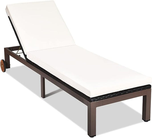 DORTALA Outdoor Pool Chaise Lounge Chair, Metal Rattan Lounger Recliner Chair W/Wheels, Folding Wicker Chaise Chair W/Cushioned Seating, White