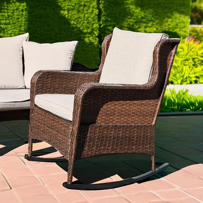 SUNSITT Outdoor Resin Wicker Rocking Chair with Olefin Cushions, Patio Yard Furniture Club Rocker Chair, Brown Wicker & Beige Cushions