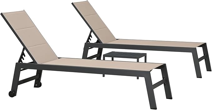 PURPLE LEAF Outdoor Chaise Lounge Set of 2 Aluminum Patio Lounge Chair with Wheels and Side Table Pool Chaise Lounge Chair for Outdoor Backyard Poolside Taupe (2 Lounges Chairs W/Table)