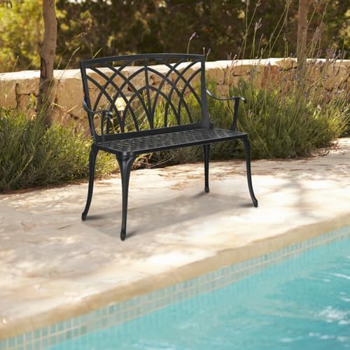 38" Outdoor Garden Bench, Patio Furniture Outdoor Chair with Aluminum Frame, Weather Proof Patio Park Bench with Orchid Backrest for Park, Porch, Pool, Backyard