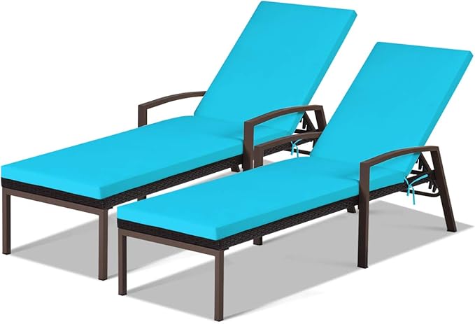 COSTWAY 2PCS Rattan Lounge Chair Outdoor, Patio Wicker Chaise Lounge with 5-Position Adjustable Backrest, Soft Cushion & Arm Rest, Pool Recliner Set of 2 for Poolside, Deck, Backyard (Turquoise)