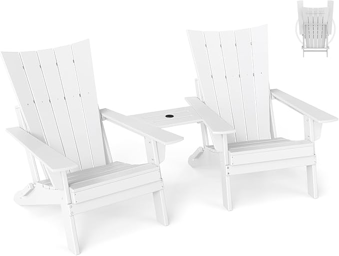 GREENVINES Folding-Adirondack-Chairs-Set-of-2 | HDPE Plastic | Arch Series | Fire Pit Chair | with Connecting Tray | Removable Table | All Weather | for Outdoor Patio Deck Poolside | White