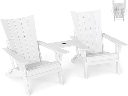 GREENVINES Folding-Adirondack-Chairs-Set-of-2 | HDPE Plastic | Arch Series | Fire Pit Chair | with Connecting Tray | Removable Table | All Weather | for Outdoor Patio Deck Poolside | White