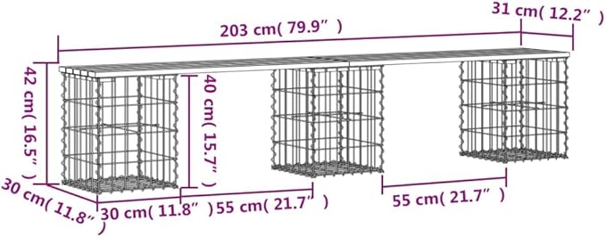 Solid Pine Wood Garden Bench with Chic Gabion Base for Outdoor Seating - Photo 2