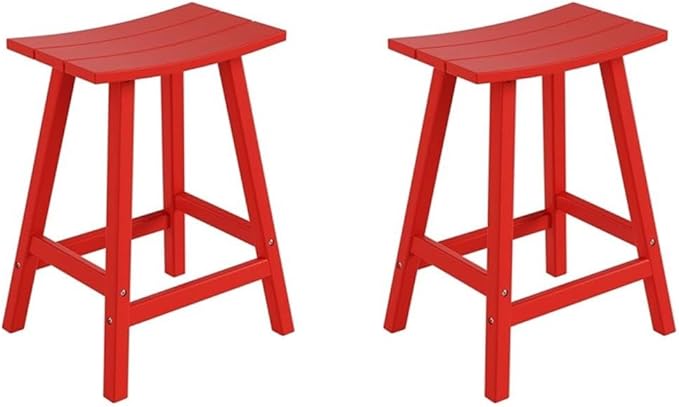 Costaelm All-Weather Bar Stools Set of 2, 24" Height Outdoor Bar Stools, Adirondack Poly Patio Bar Stool for Patio, Deck, Kitchen Counter and Garden, Red