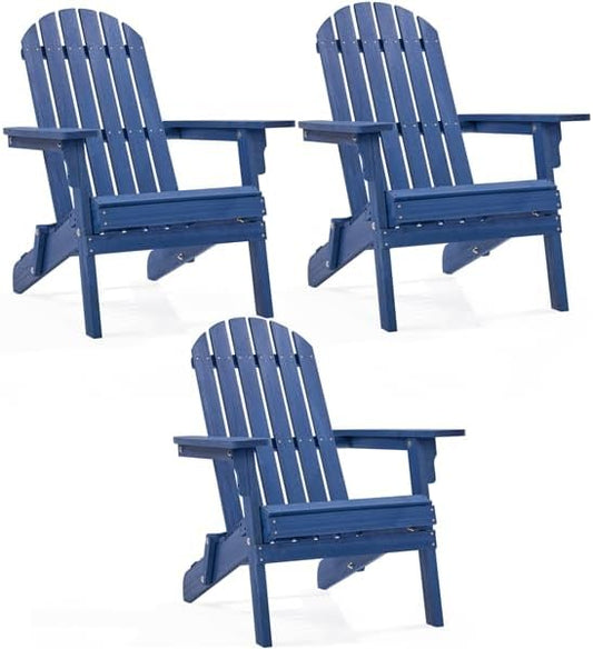 Yaheetech Folding Adirondack Chair Set of 3 Outdoor, 300LBS Solid Wood Garden Chair Weather Resistant, Fire Pit Lounge Chairs for Garden/Yard/Patio/Lawn, Blue