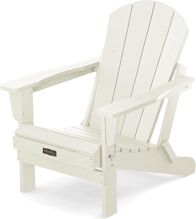 SERWALL Folding Adirondack Chair for Outdoor, All-Weather Patio Chairs with Wood Texture, Fire Pit Chairs for Deck Porch Garden - White