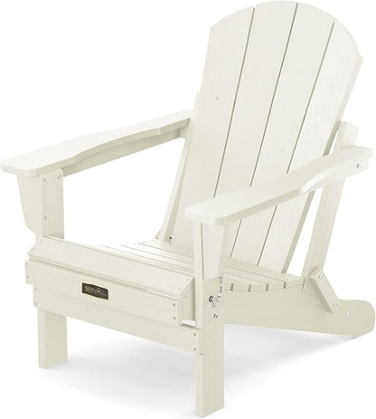 SERWALL Folding Adirondack Chair for Outdoor, All-Weather Patio Chairs with Wood Texture, Fire Pit Chairs for Deck Porch Garden - White