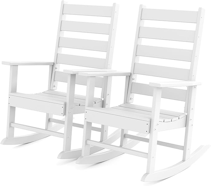 GREENVINES Outdoor-Rocking-Chairs-Set-of-2 | HDPE Plastic | Patio Rockers | Porch Rocker Chair | Shaker | Oversized | High Ladder Back | Big & Tall | PentaLuxe | White