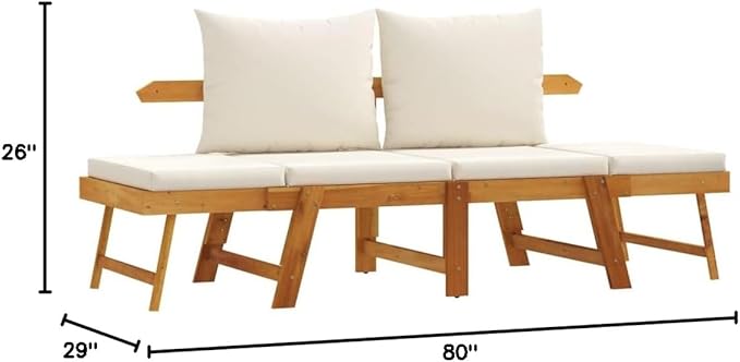 2-in-1 Convertible Garden Bench Cream White Solid Acacia Wood Adjustable Armrests Outdoor Indoor for Patio Garden and Terrace