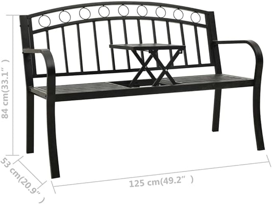 Patio Bench with a Table, Bench with backrest and armrests, Garden Bench, Garden Bench for Parks, Yards and porches,49.2" Steel Black