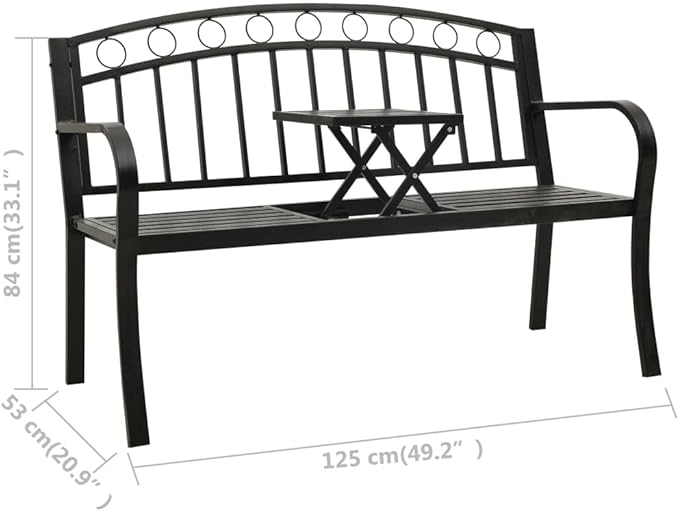 Modern Garden Bench with Table, Black Powder-Coated Steel, Durable Outdoor Furniture for Patio, Balcony, or Backyard, Compact Design, Sturdy Construction, Integrated Table,