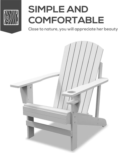 Folding Adirondack Chair, Weather Resistant Outdoor Patio Chair with Cup Holder for Lawn, Backyard, Poolside(White)