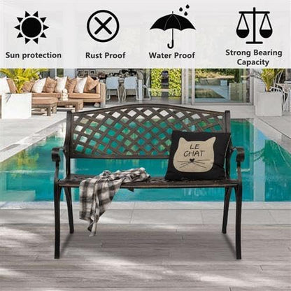 40.5" Outdoor Garden Bench, Patio Furniture Cast Aluminum Bench with Mesh Backrest, Weather Proof 2-Person Outdoor Loveseat with Anti-Rust for Park, Porch, Pool, Backyard