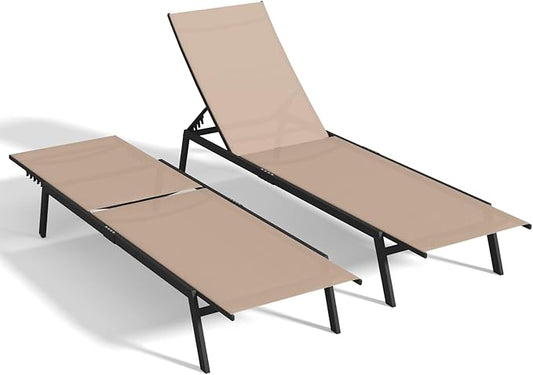 AECOJOY Patio Lounge Chairs for Outside, Adjustable Outdoor Chaise Lounge with Wheels and Adjustable 5-Position Recliner for Pool, Beach, Backyard, Deck, Lawn, Khaki, 2PCS