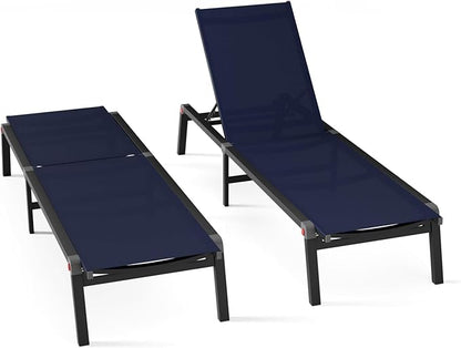 Aluminum Chaise Foldable Patio Lounge Chair Outdoor, Deck Lounger Adjustable 5-Position Recliner Pool Chase Breathable Full Flat Outside Sun Tanning Chairs for Beach/Poolside/Lawn(Navy Blue, 2 Pack)