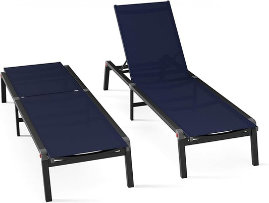 Aluminum Chaise Foldable Patio Lounge Chair Outdoor, Deck Lounger Adjustable 5-Position Recliner Pool Chase Breathable Full Flat Outside Sun Tanning Chairs for Beach/Poolside/Lawn(Navy Blue, 2 Pack)