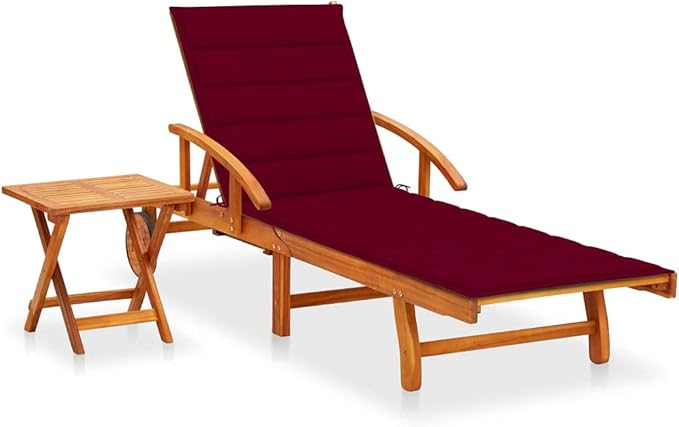 Retro Wood Outdoor Chaise Lounge 24"x16"x34" Acacia Sunlounger with Table Wine Red Cushion Foldable Reclining Patio - Photo 1