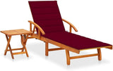 Retro Wood Outdoor Chaise Lounge 24"x16"x34" Acacia Sunlounger with Table Wine Red Cushion Foldable Reclining Patio - Photo 1